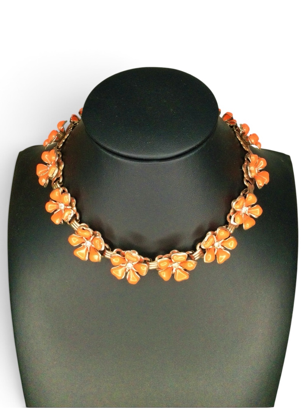 Vintage Orange Thermoset & Rhinestone Brass-Tone Floral Statement Necklace - Picture 7 of 14